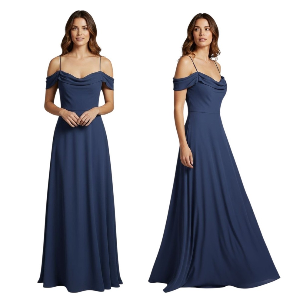 Lulus Maxi Dress XL Navy Blue Off Shoulder Cowl Neck Spaghetti Strap Bridesmaid